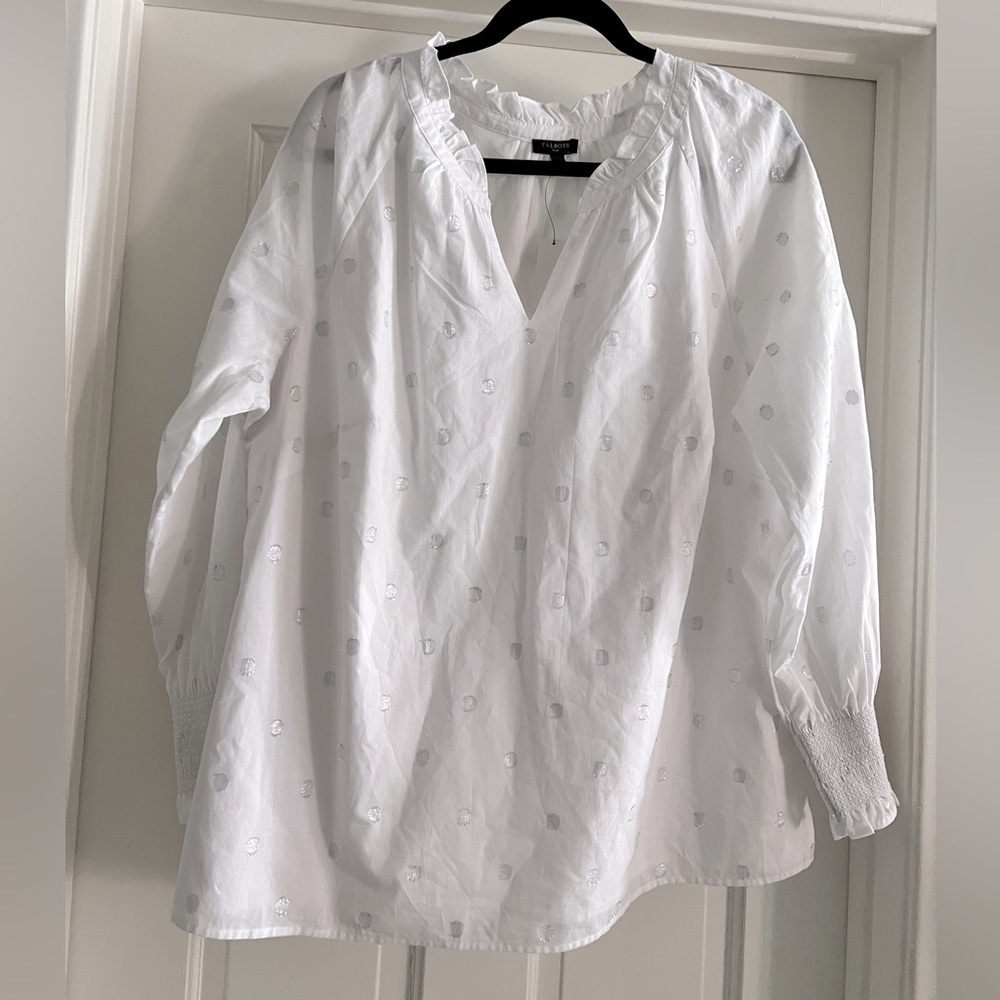 Talbots white long sleeve Henley shirt w Silver Polka Dots Plus size X NWT